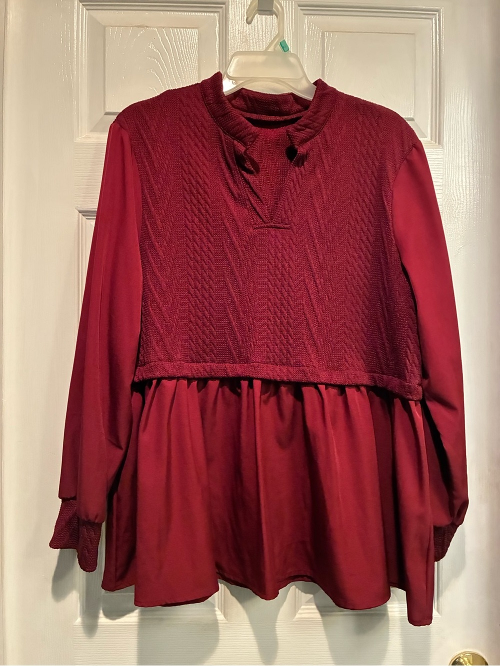 Women’s Burgundy Peplum Long-Sleeve Top